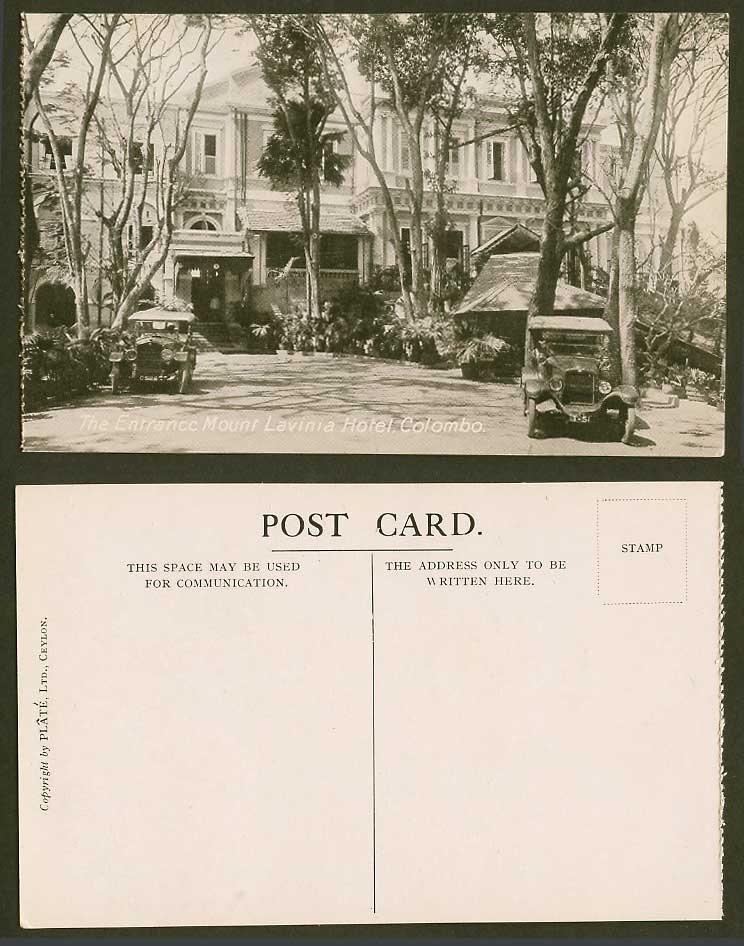 Ceylon Old Postcard Entrance of Mount Lavinia Hotel, Colombo, Vintage Motor Cars