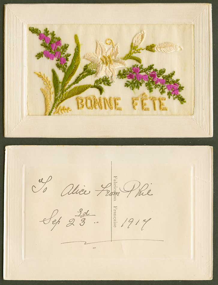 WW1 SILK Embroidered French 1917 Old Postcard Bonne Fete Happy Birthday, Flowers