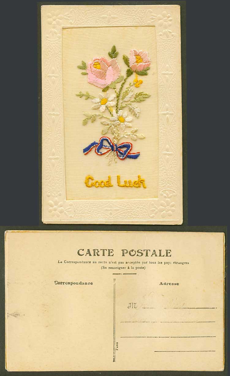 WW1 SILK Embroidered Old Embossed Postcard Good Luck, Flowers, Novelty Greetings