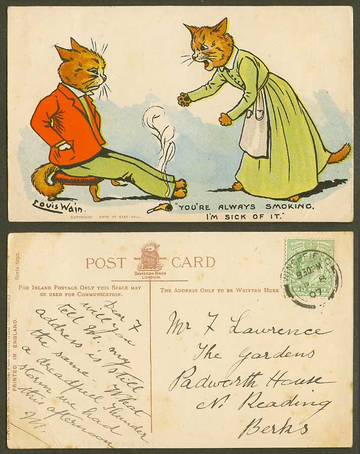 Louis Wain Artist Signed Cats Ur Always Smoking I'm Sick of it 1907 Old Postcard