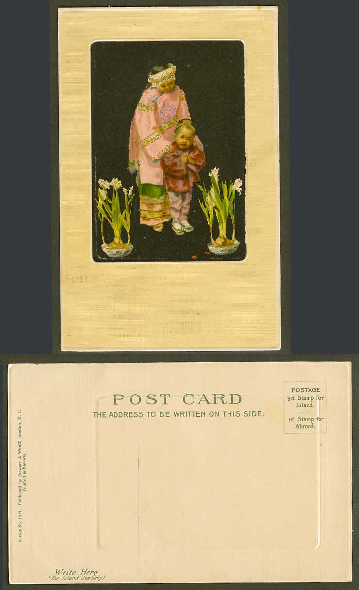China Bertha Stuart ART Old Postcard Chinese Children, Narcissus Tazetta Flowers