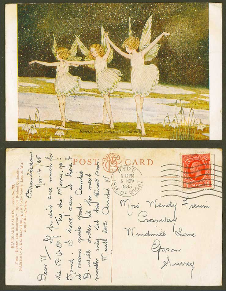 I.R. Outhwaite 1935 Old Postcard Fairies were Dancing In and Out Bunny & Brownie