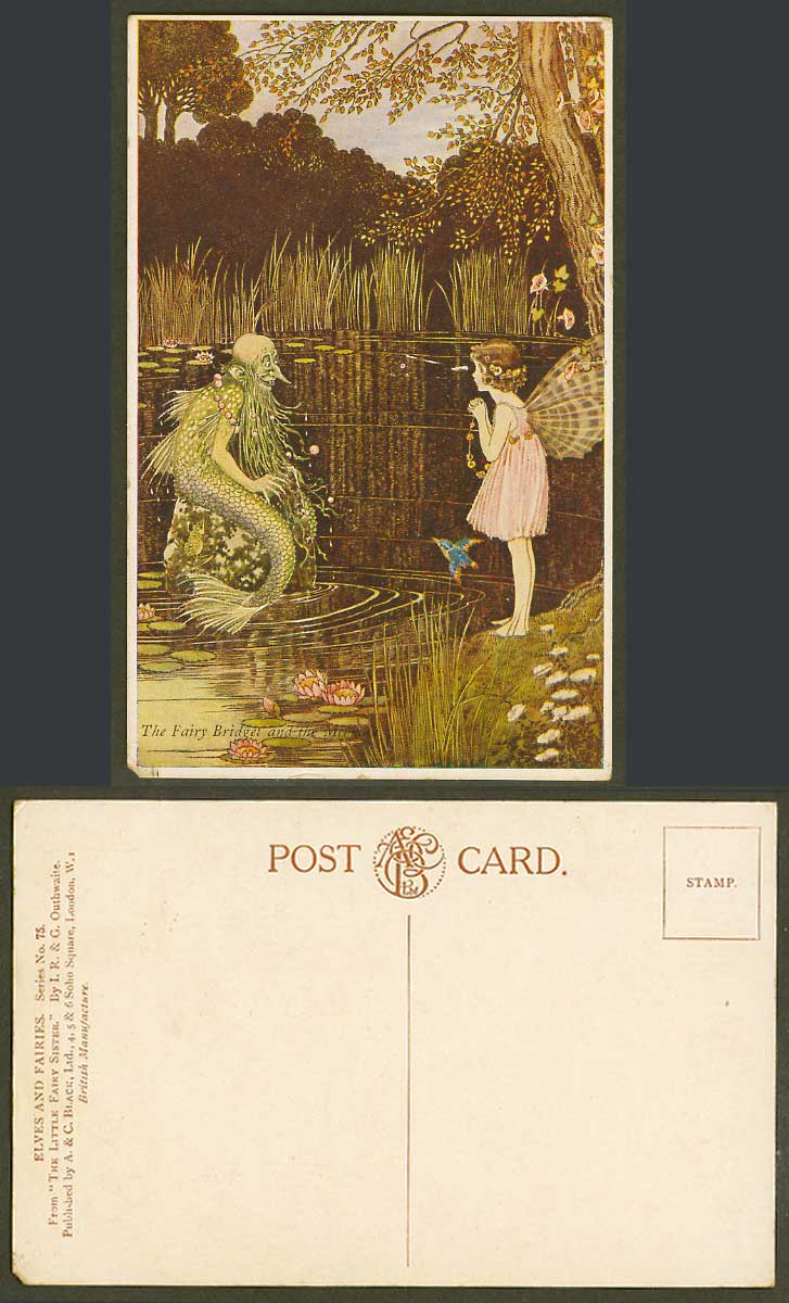 IR & G OUTHWAITE Old Postcard FAIRY BRIDGET and MERMAN, Little Fairies Sister 75