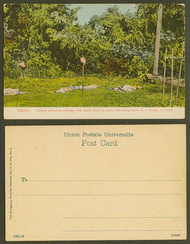 Hong Kong China Old UB Postcard Canton, Chinese Execution Grounds Heads on Poles