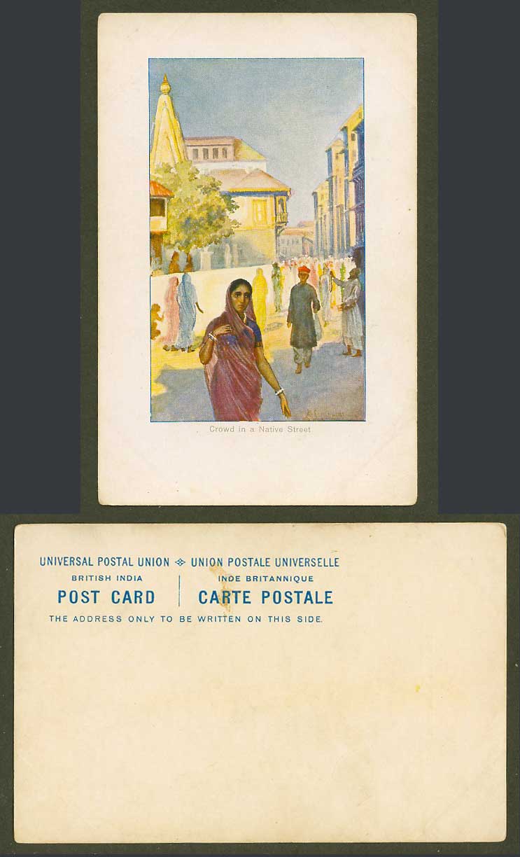 India M.V. Dhurandhar Old Postcard Crowd in a Native Street Hindu Woman Lady ART