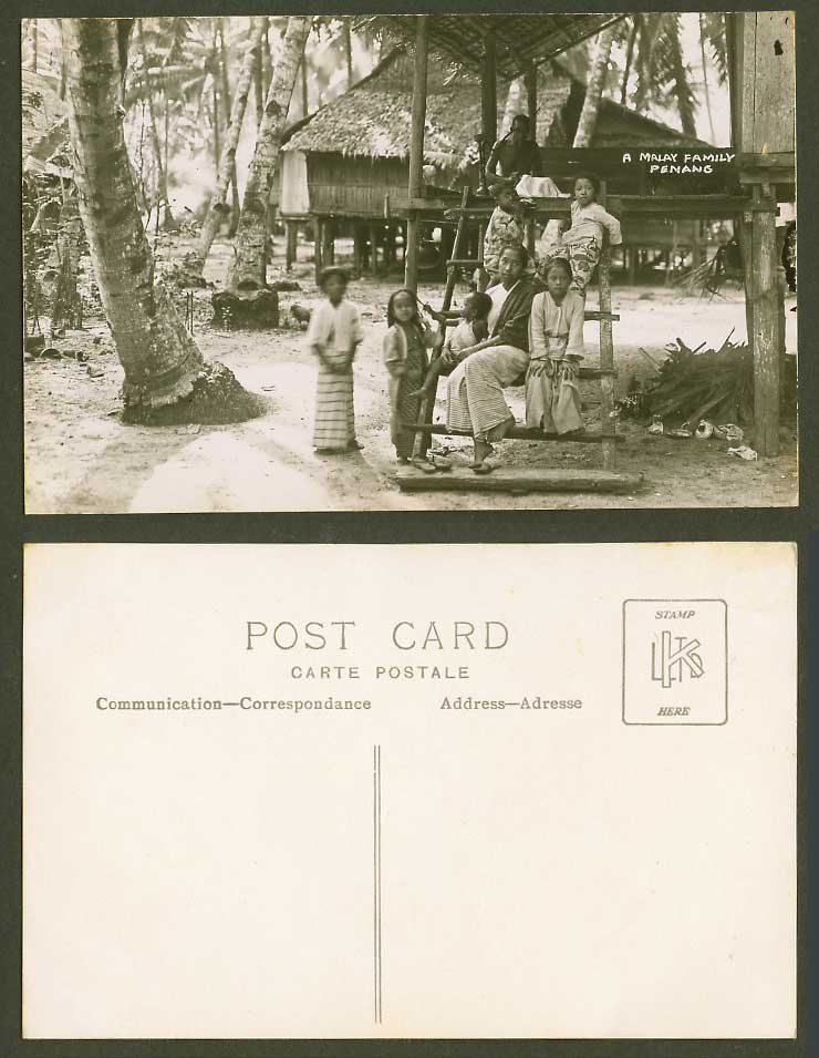Penang Old Real Photo Postcard A Malay Family Man Woman Children House on Stilts