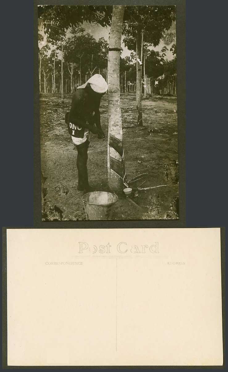 Singapore Old Real Photo Postcard Native Tapping Rubber Tree ONO I, Dutch Method