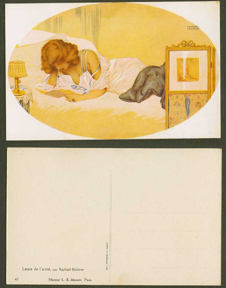 Raphael Kirchner Old Postcard Lettre de l'aime Letter of Love Glamour Woman, Bed