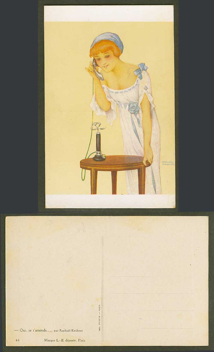 Raphael Kirchner Old Postcard Oui je t'attends I'm Waiting For You On Phone Lady