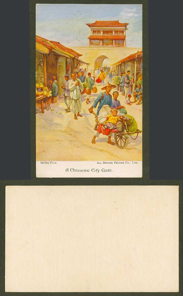 China ES Hardy Old Postcard A Chinese City Gate Street Scene, Shops, Wheelbarrow