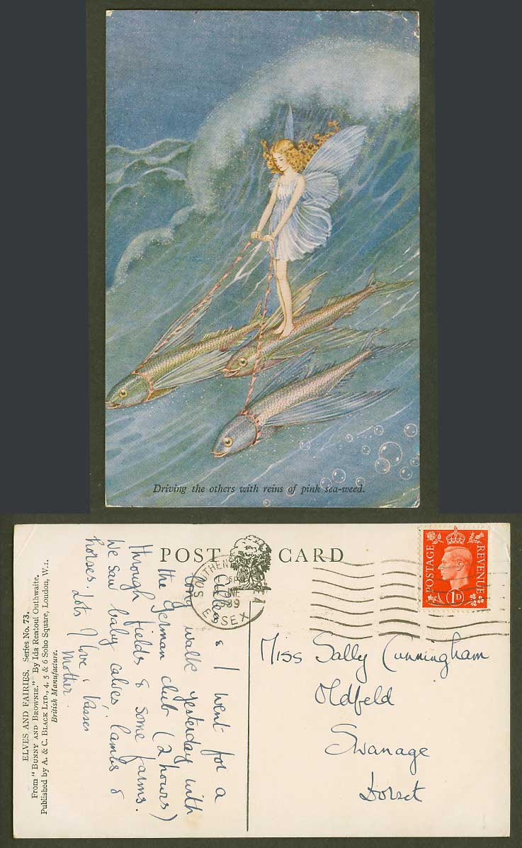 I R OUTHWAITE 1939 Old Postcard Fairy Driving Others with Reins of Sea-Weed Fish