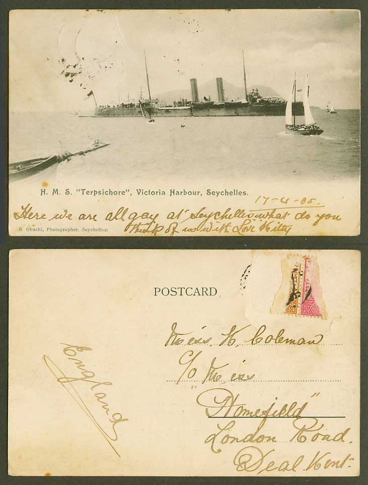Seychelles 1905 Old Postcard Victoria Harbour H.M.S. Terpsichore Warship & Boats