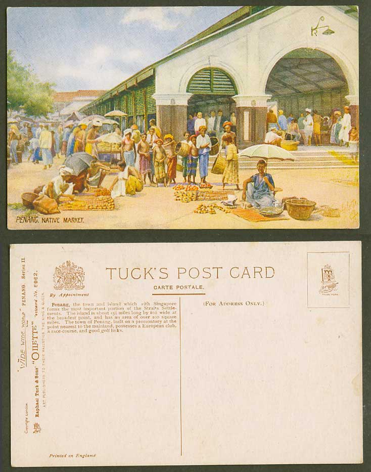 Penang Old Tuck's Oilette Postcard Native Market Malay Sellers Vendors Merchants