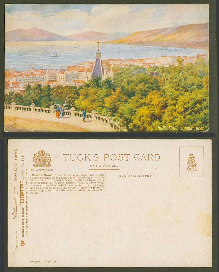 Hong Kong China Old Tuck's Oilette Postcard Conduit Road Harbour Panorama