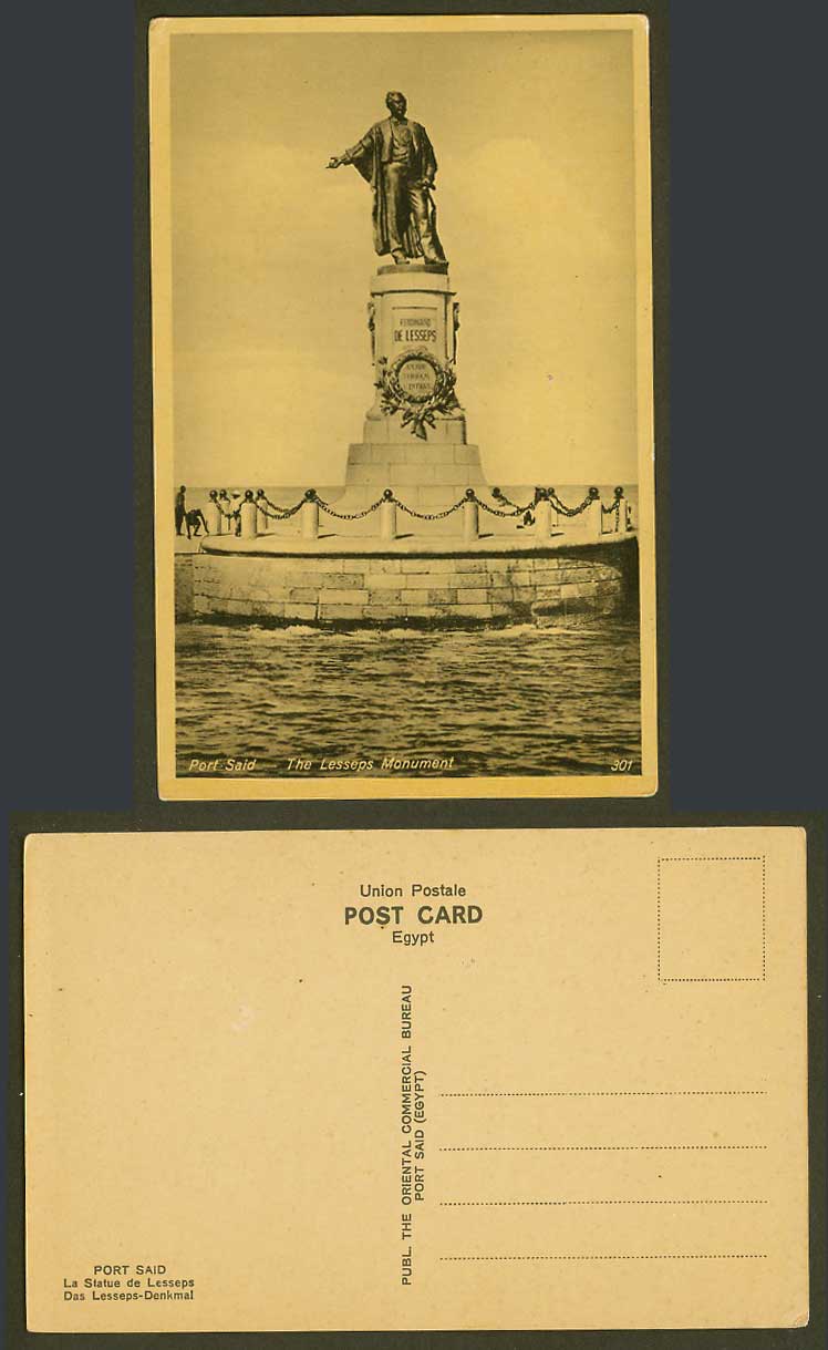 Egypt Old Postcard Port Said Ferdinand de Lesseps Statue Monument Denkmal No.301