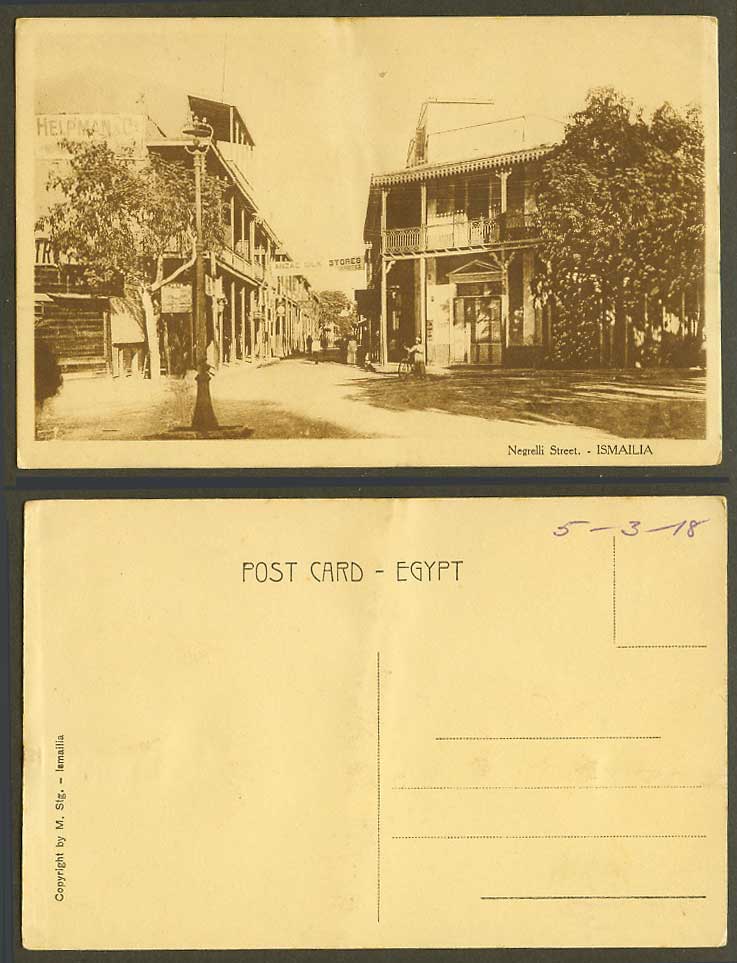 Egypt 1918 Old Postcard Ismailia Rue Negrelli Street Anzac Silk Store Watchmaker
