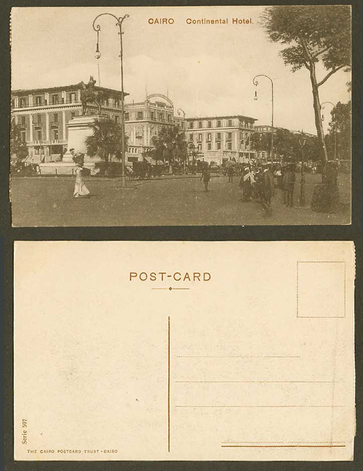 Egypt Old Postcard Cairo Continental Hotel Horse Statue Opera Square Street View