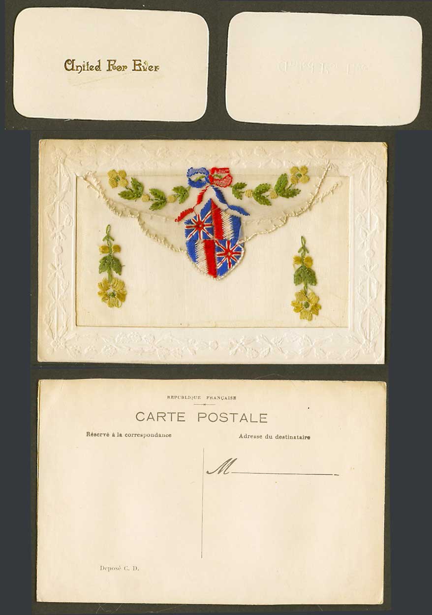 WW1 SILK Embroidered Old Postcard Flags Flowers Arms United For Ever Card Wallet