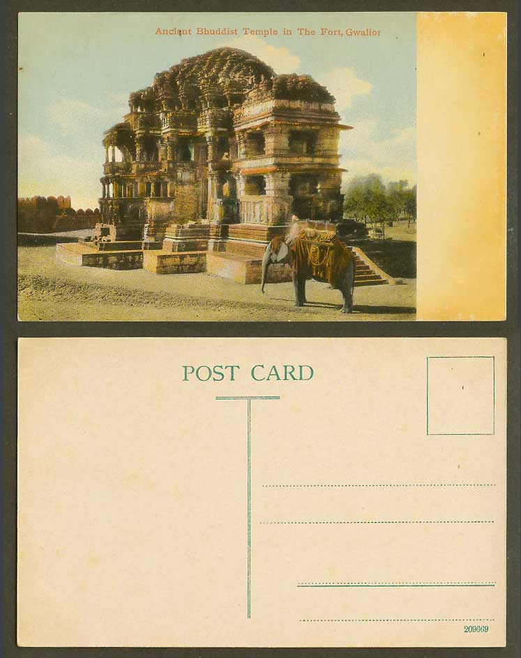 India Old Colour Postcard Ancient Buddhist Temple in Fort Gwalior Elephant Rider