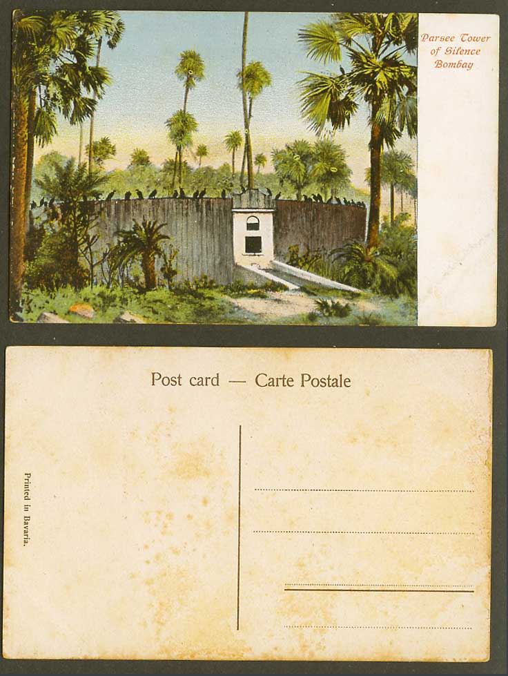 India Old Colour Postcard Bombay Parsee Tower of Silence Parsi Palm Trees Walls