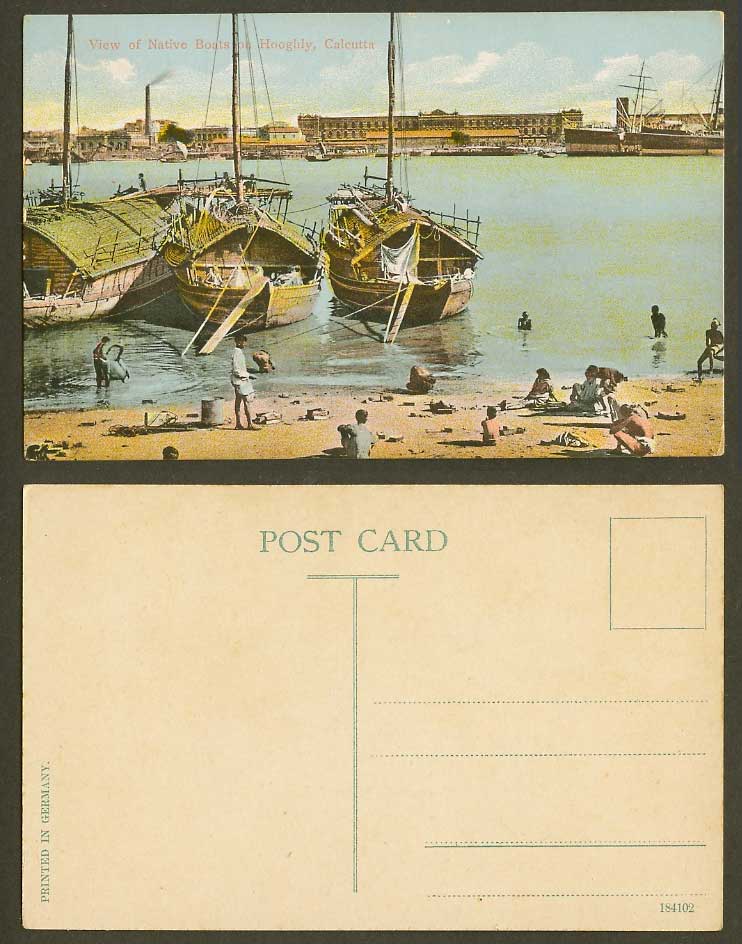India Old Colour Postcard View of Native Sampans Boats on Hooghly River Calcutta