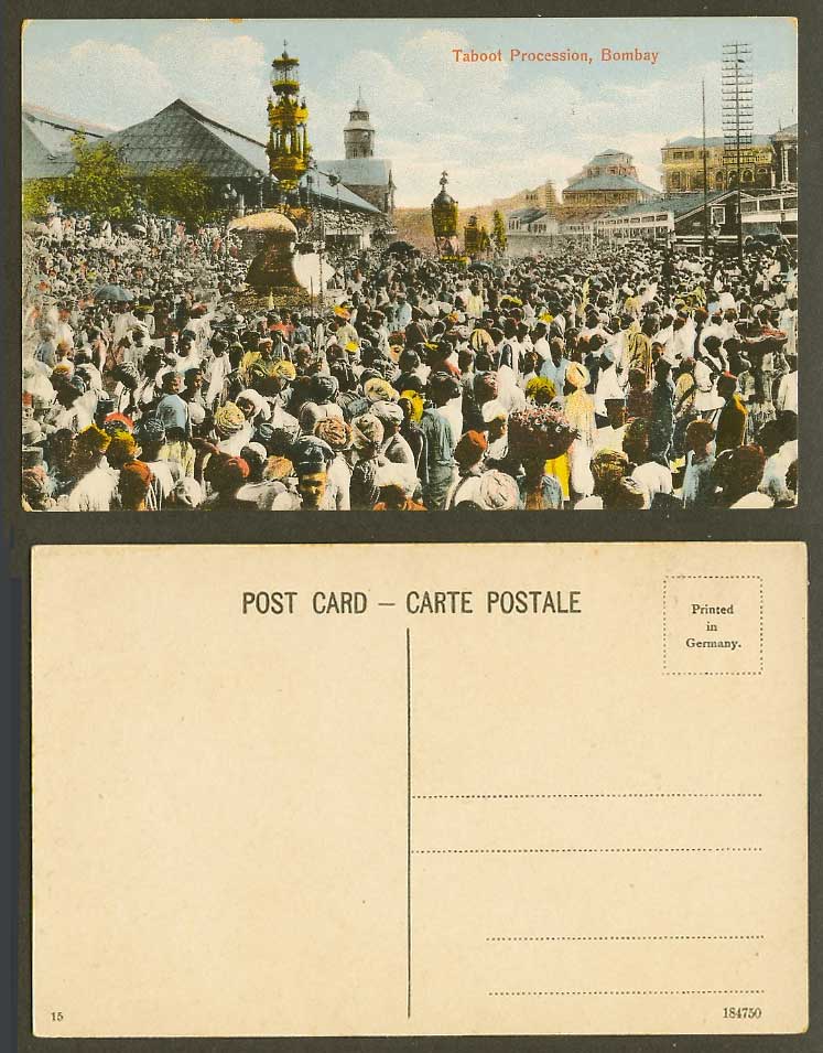 India Old Colour Postcard Taboot Procession Bombay, Festival Crowd Street 184750