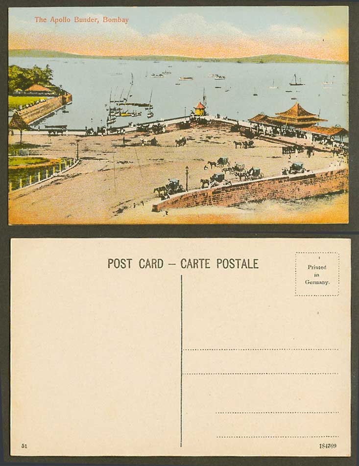 India Old Colour Postcard The Apollo Bunder, Bombay, Harbour Ships Boats, Street
