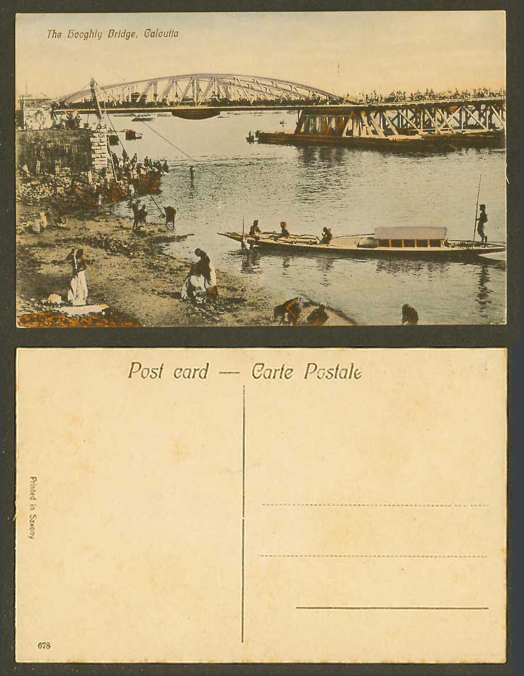 India Old Hand Tinted Postcard Hooghly Bridge River Scene Calcutta Boats Bathers