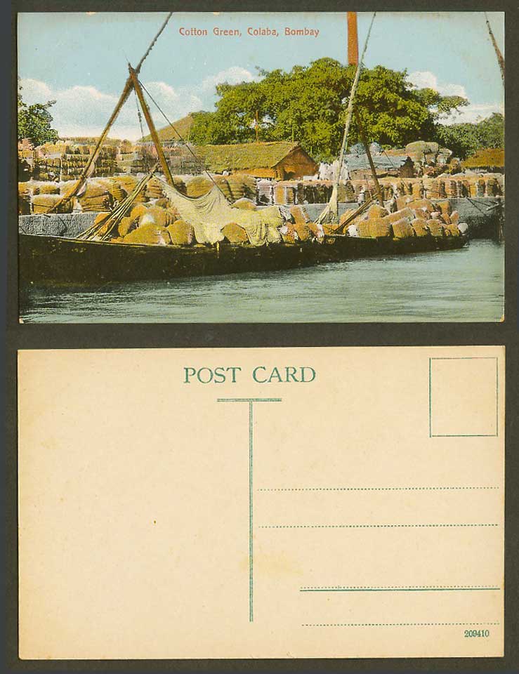 India Old Colour Postcard Cotton Green Colaba Native Boat with Cargo Huts Houses