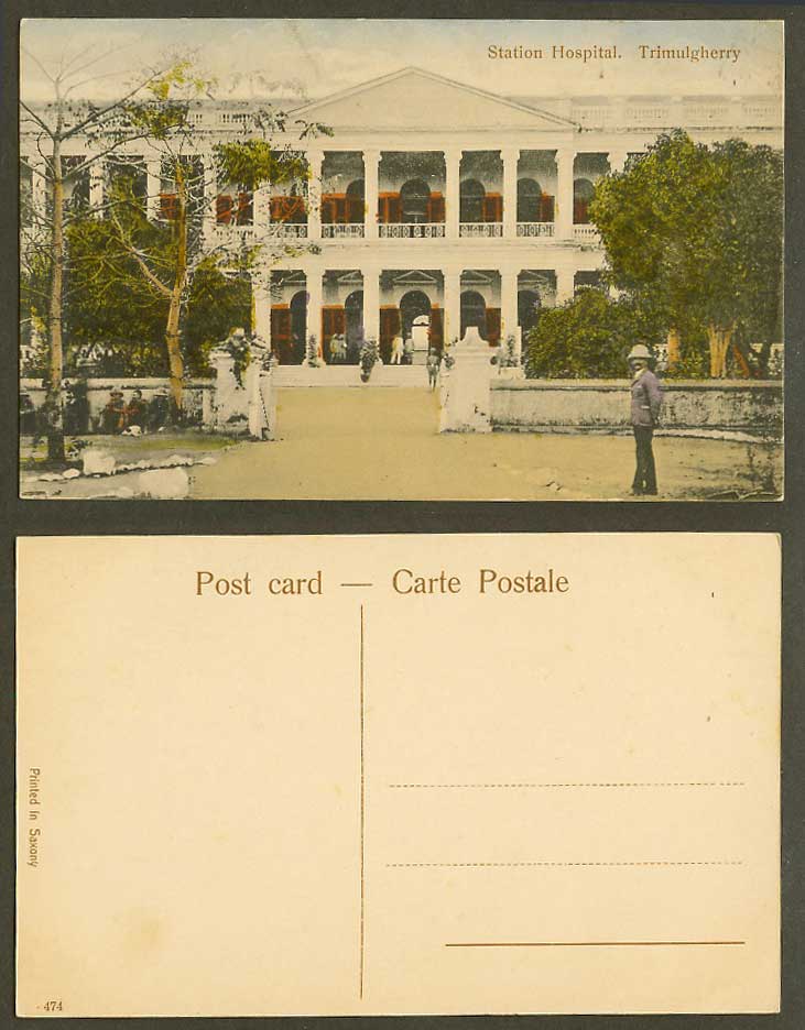 India Old Hand Tinted Postcard Station Hospital, Trimulgherry, Entrance Soldiers
