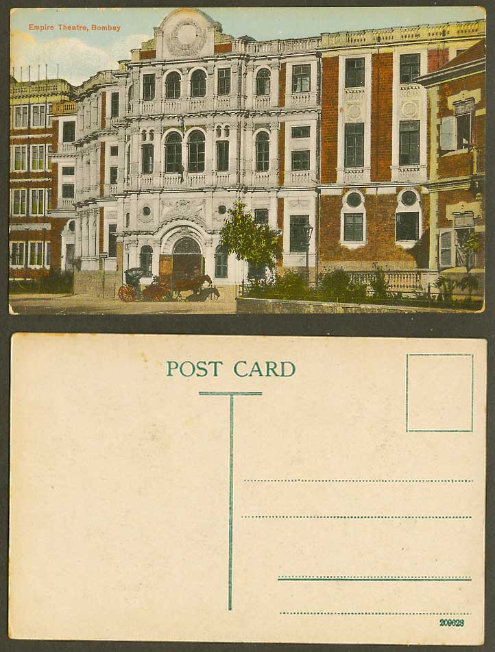 India Old Colour Postcard Empire Theatre Theater Bombay, Horse Cart Street Scene