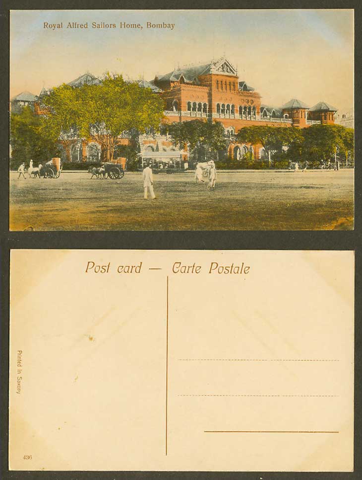 India Old Hand Tinted Postcard Royal Alfred Sailors Home Bombay TRAM Cattle Cart
