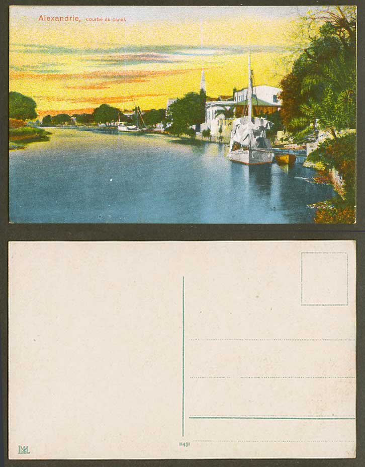 Egypt Old Postcard Alexandria Curve of Canal, Boats, Alexandrie Courbe du Canal