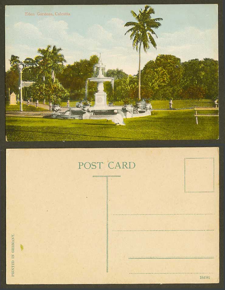 India Old Colour Postcard Eden Gardens, Calcutta, Fountain Palm Trees Man 184081