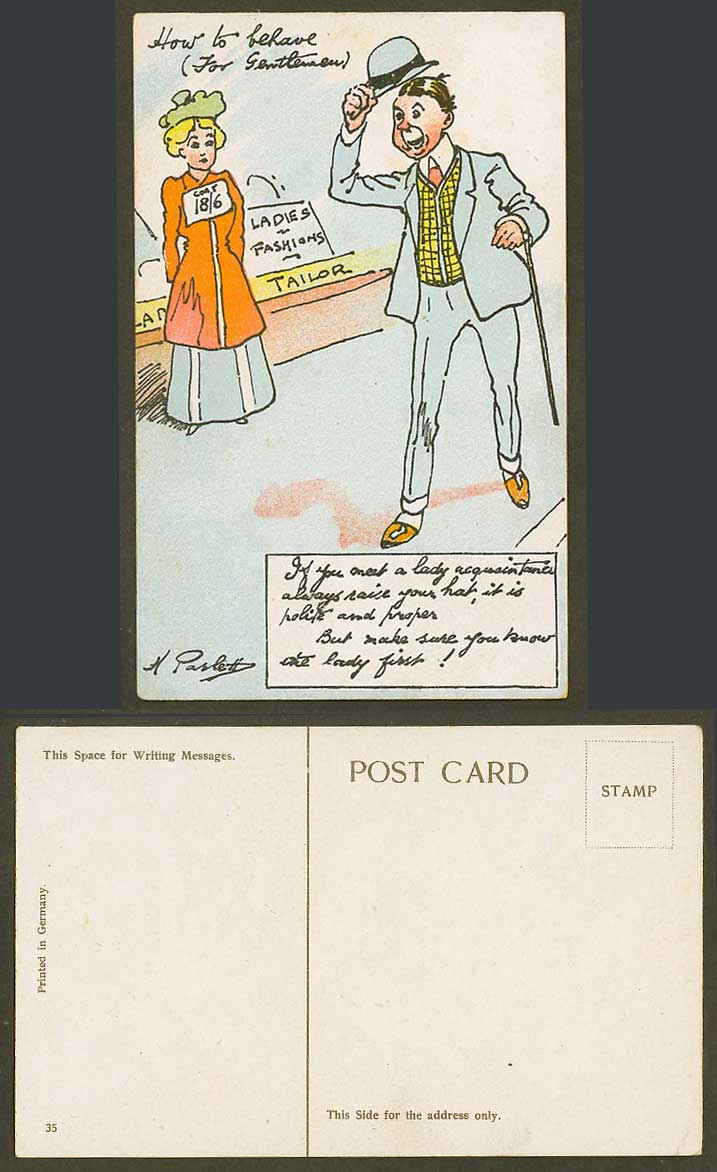 H. Parlett Artist Signed Old Postcard How to behave for Gentlemen Ladies Fashion