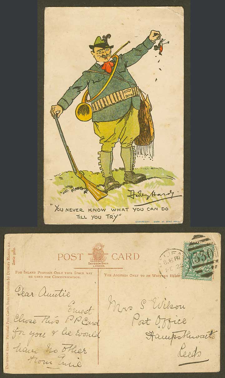 Dudley Hardy Artist Signed 1904 Old Postcard You Can Do Till You Try Hunter Bird
