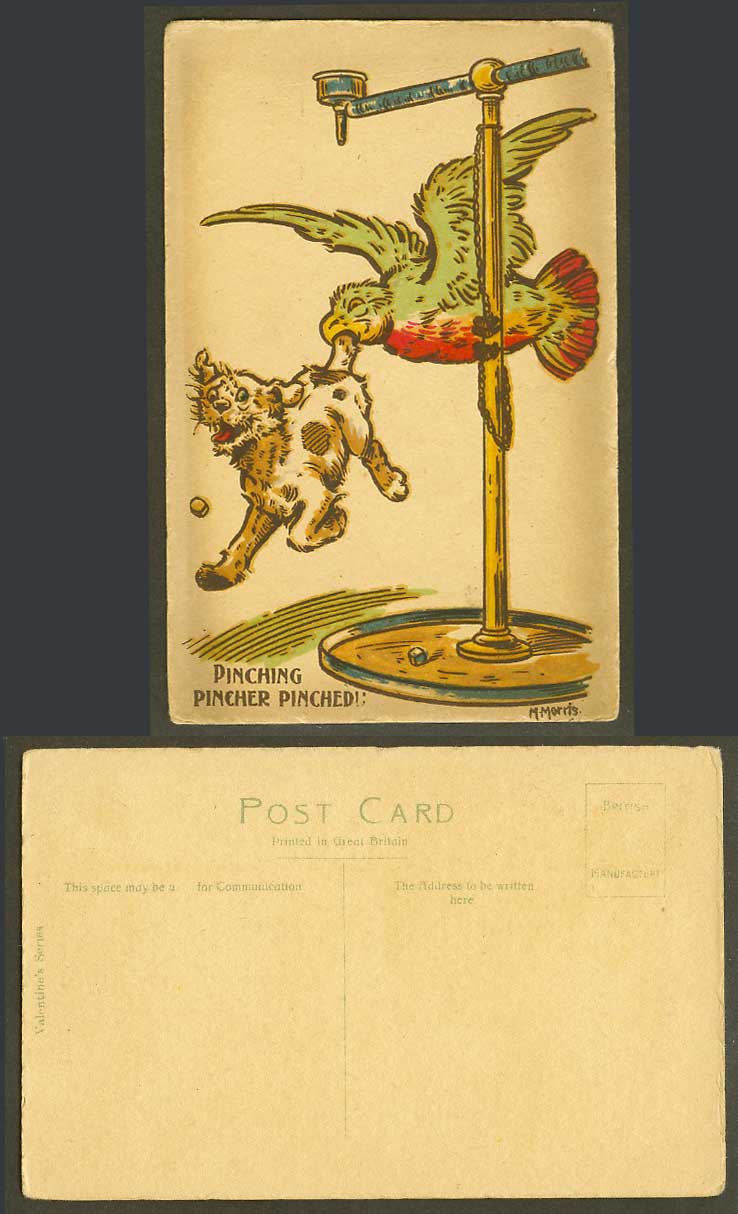 M. Morris Artist Signed Old Postcard Pinching Pincher Pinched! Parrot Bird & Dog