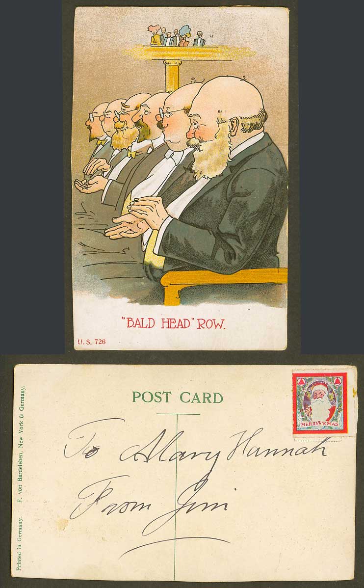 Bald Head Row Men Clapping Hands Merry Xmas Santa Claus on back Old Postcard 726