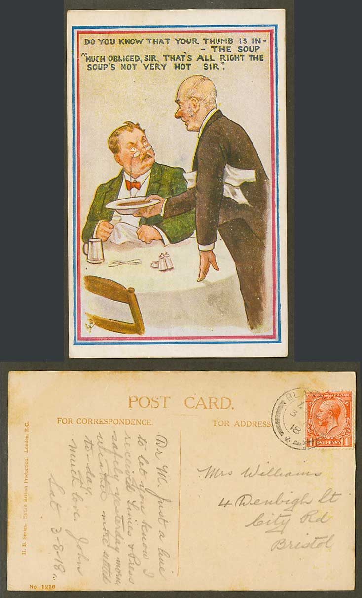 Do You Know Your Thumb is in The Soup Much obliged Sir Not Hot 1918 Old Postcard