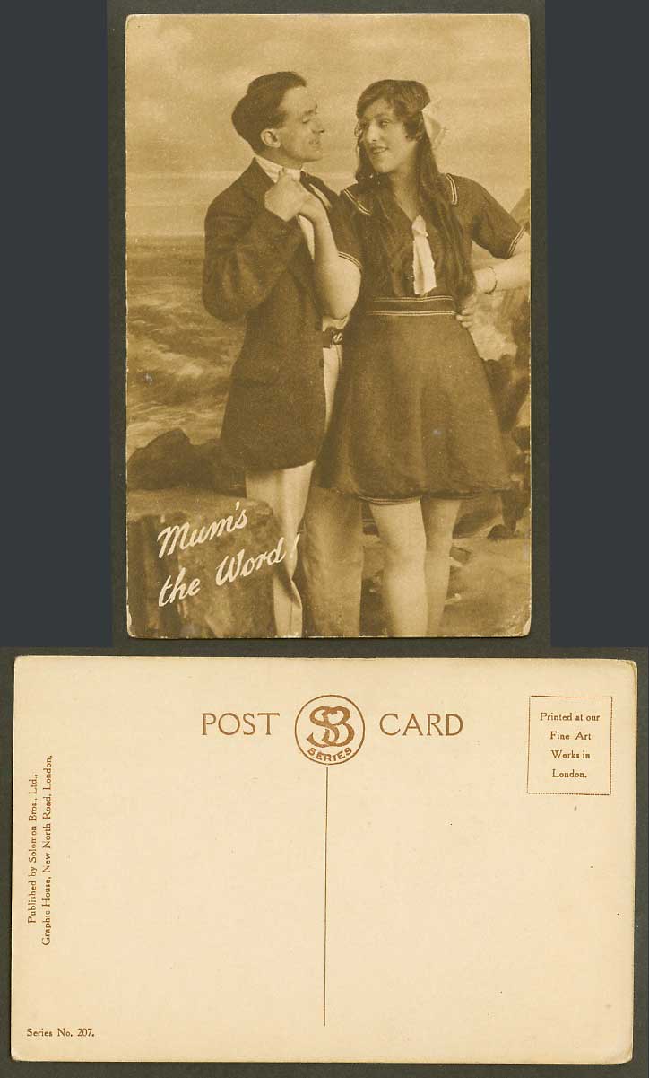 Romance Mum's The Word! Man Woman Seaside Old Postcard Solomon Bros. Ltd. No.207