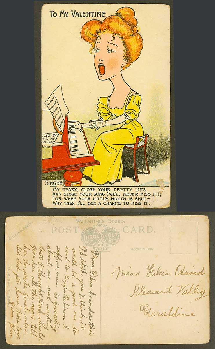 Comic To My Valentine Glamour Lady Woman Singer Playing Piano Music Old Postcard