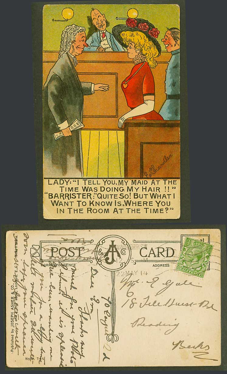E. Chandler 1914 Old Postcard Barrister and Glamour Lady, Maid was Doing My Hair