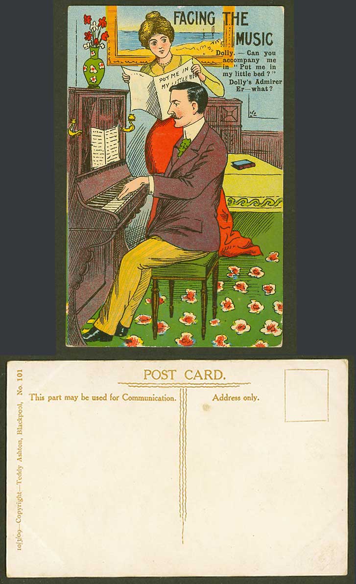 Facing The Music, Man Playing Piano, Pot me in My Little Bed, Comic Old Postcard