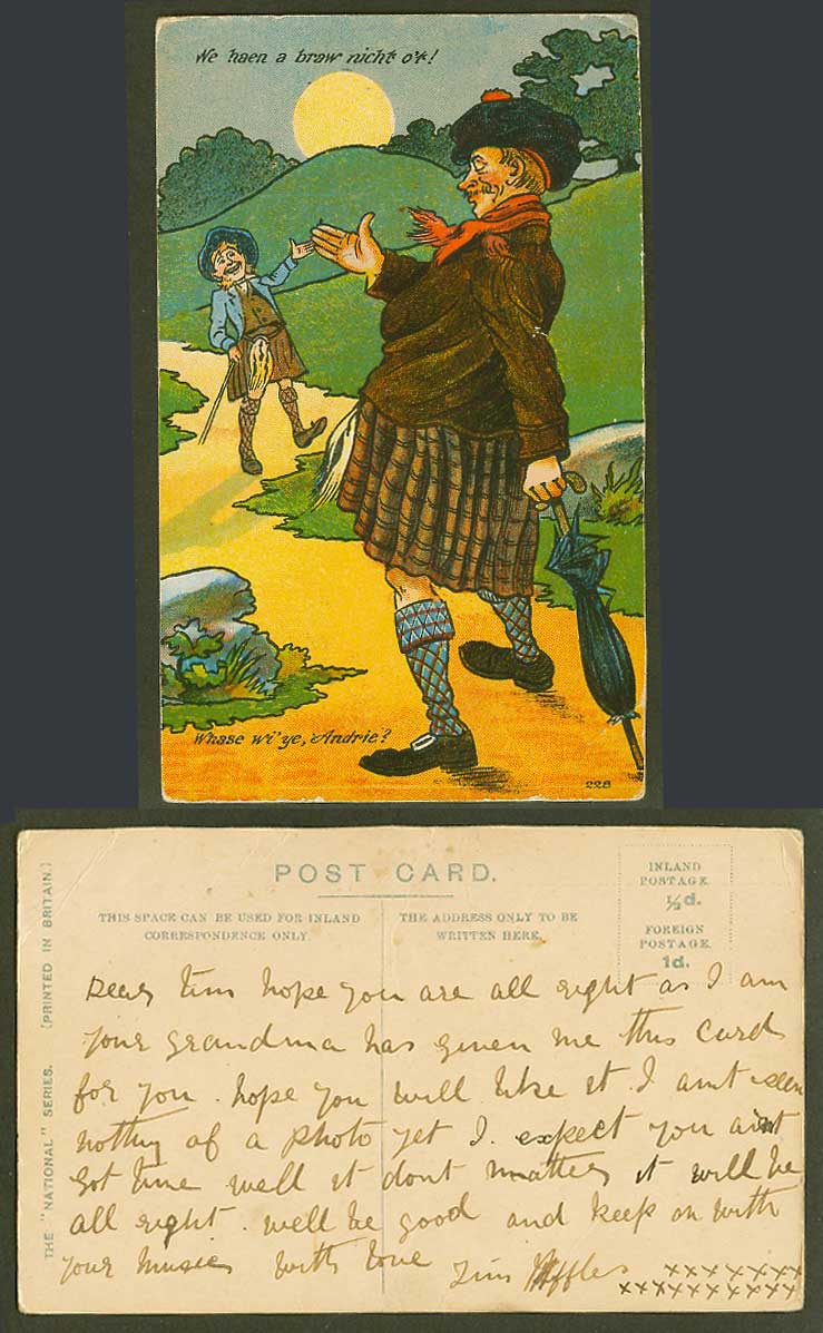 Scottish Comic. We haen a braw nicht o'r! Whase wi'ye Andrie? Moon Old Postcard