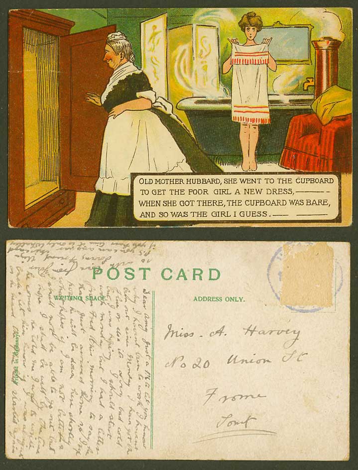 Mother Hubbard Get Dress, Cupboard was Bare So Was Girl, Bath Comic Old Postcard