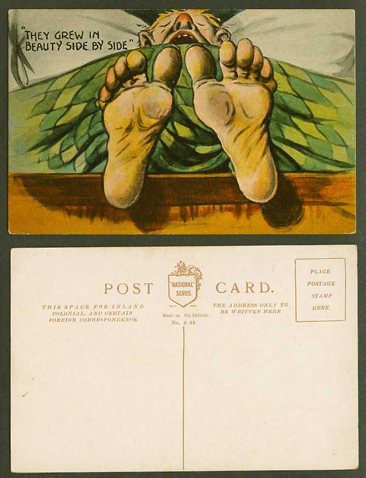 FEET They Grew in Beauty Side by Side, Man on Bed Foot Comic Humour Old Postcard
