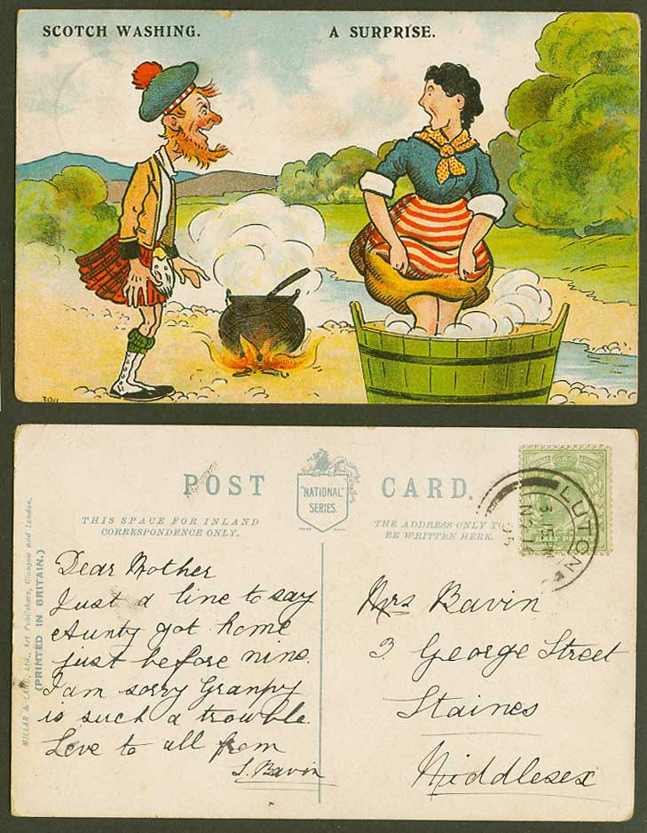 Scottish Man & Washerwoman Woman, Cauldron Large Wooden Bucket 1905 Old Postcard