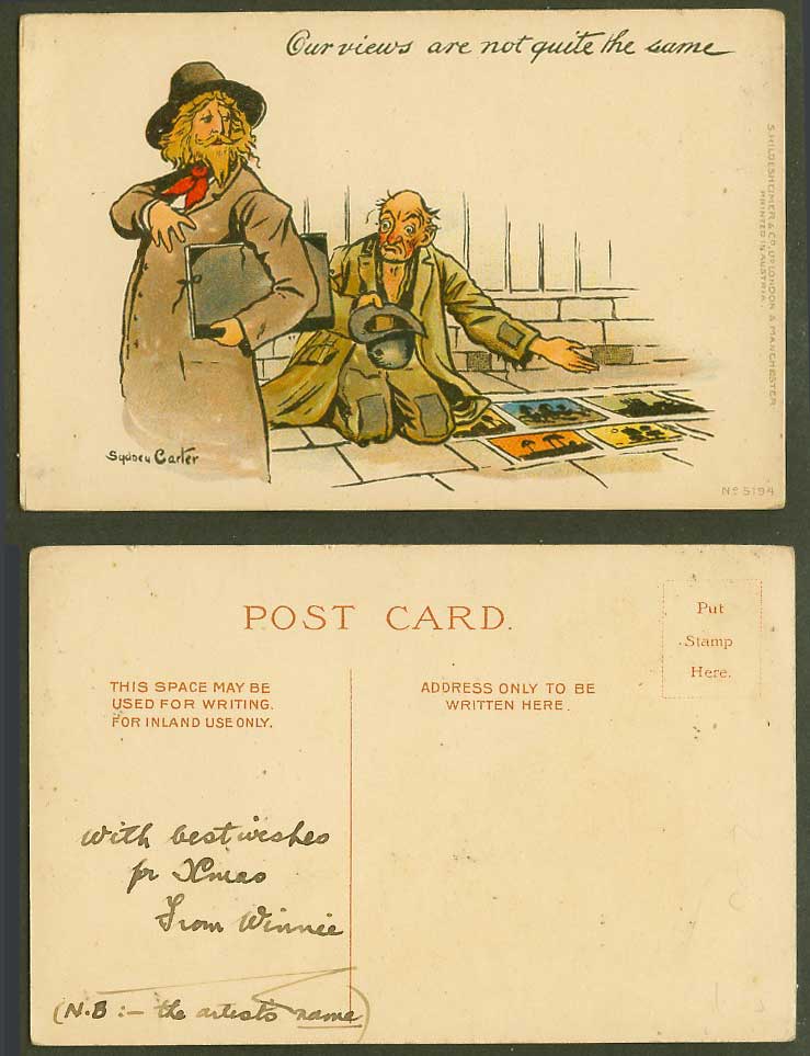 S. Carter Artist Signed Old Postcard Our Views Are Not Quite The Same, Painters