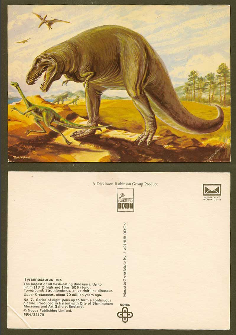 Tyrannosaurus rex Dinosaur T-Rex Struthiomimus David Roland Art. Signed Postcard