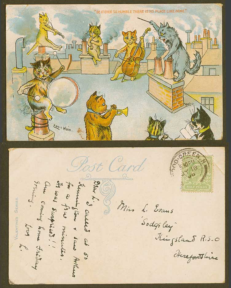 Louis Wain Artist Signed Cats Music Concert No Place Like Home 1906 Old Postcard